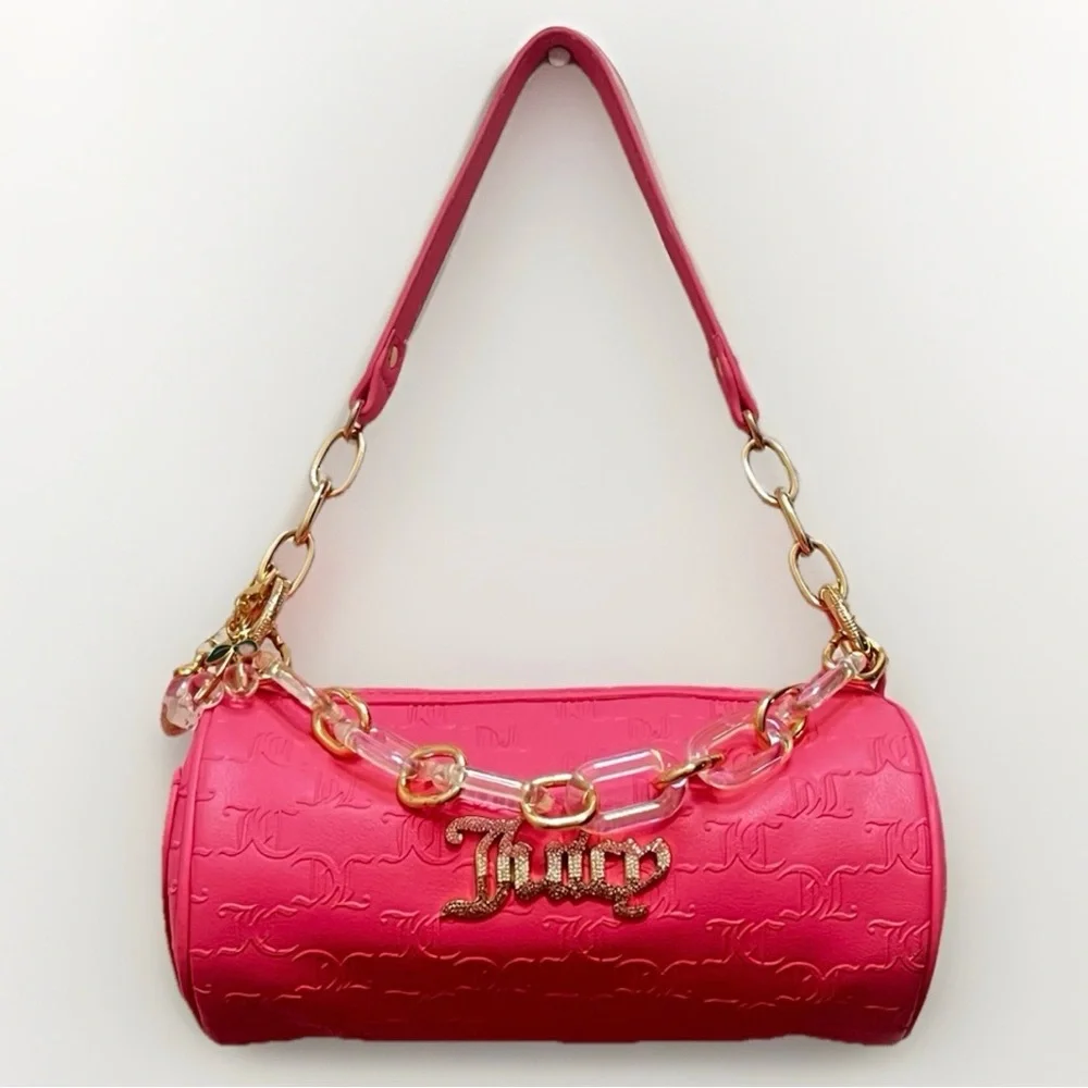 Juicy Couture Bling Bling Roll Barrel Designer Bag Hot Pink Rhinestone Logo Y2K
